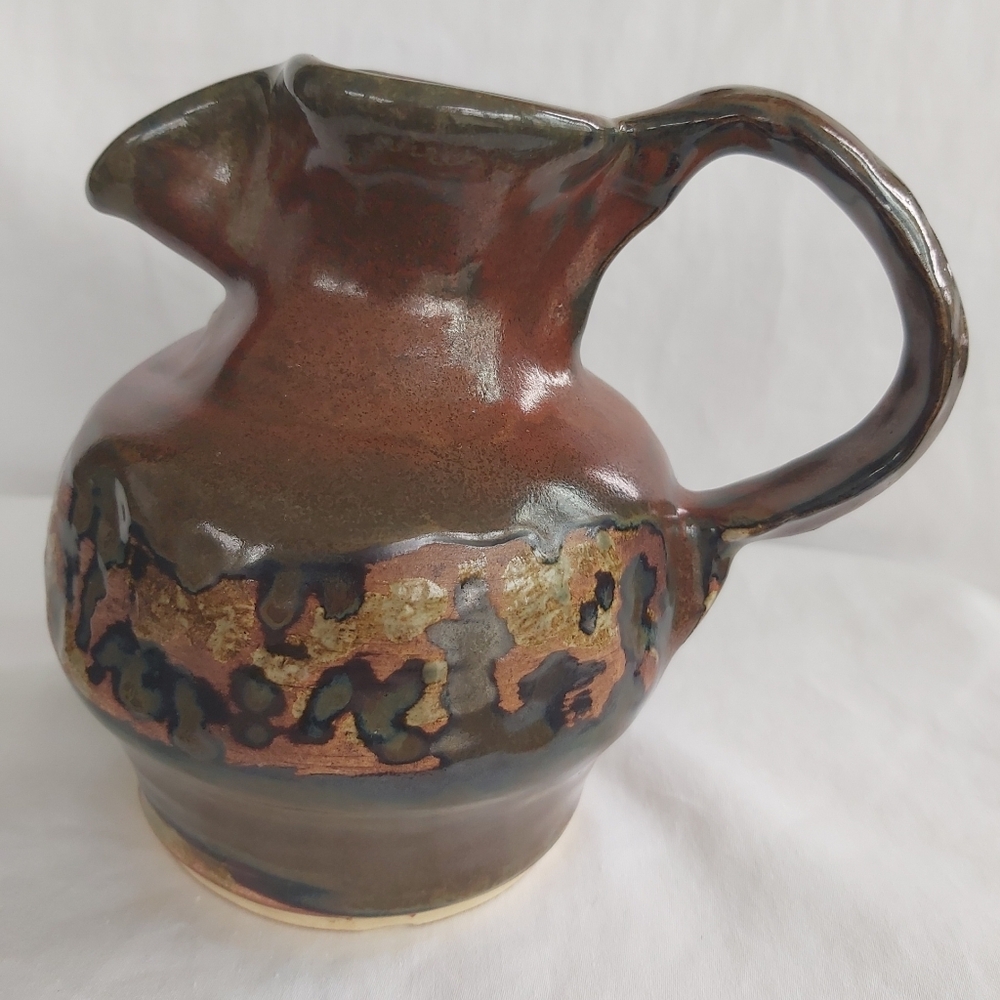 Vintage Studio Art Pottery Jug Pitcher Brown Green Glaze 5" Primitive Signed FRC